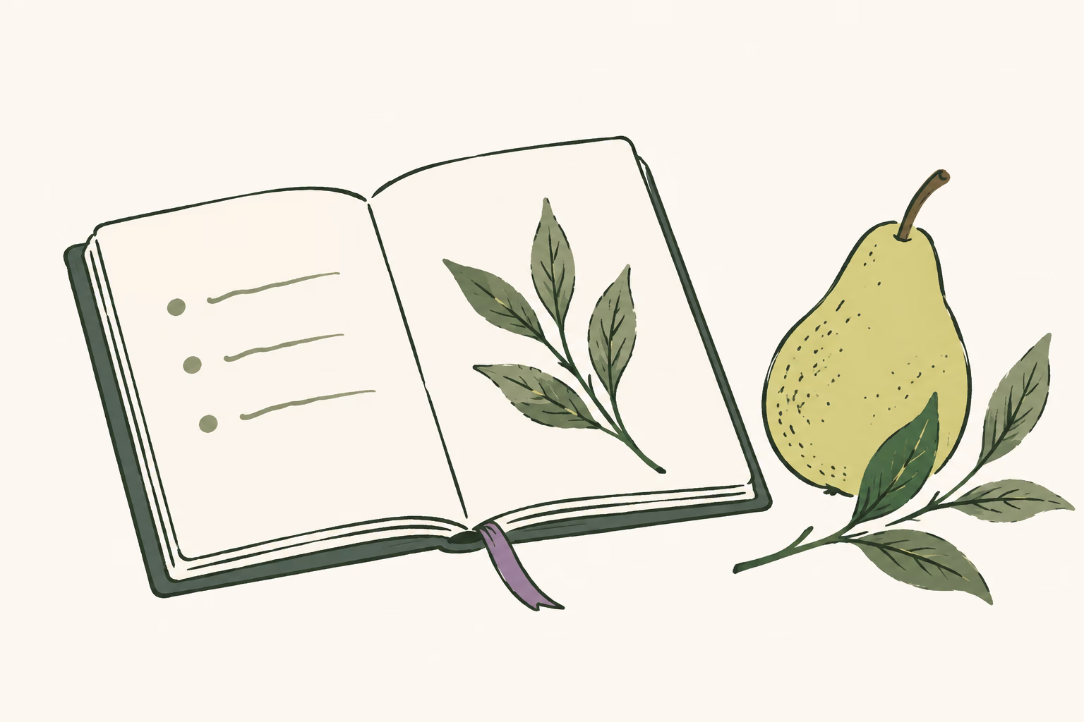 Hand-drawn herbal notebook, pear and leafy sprig