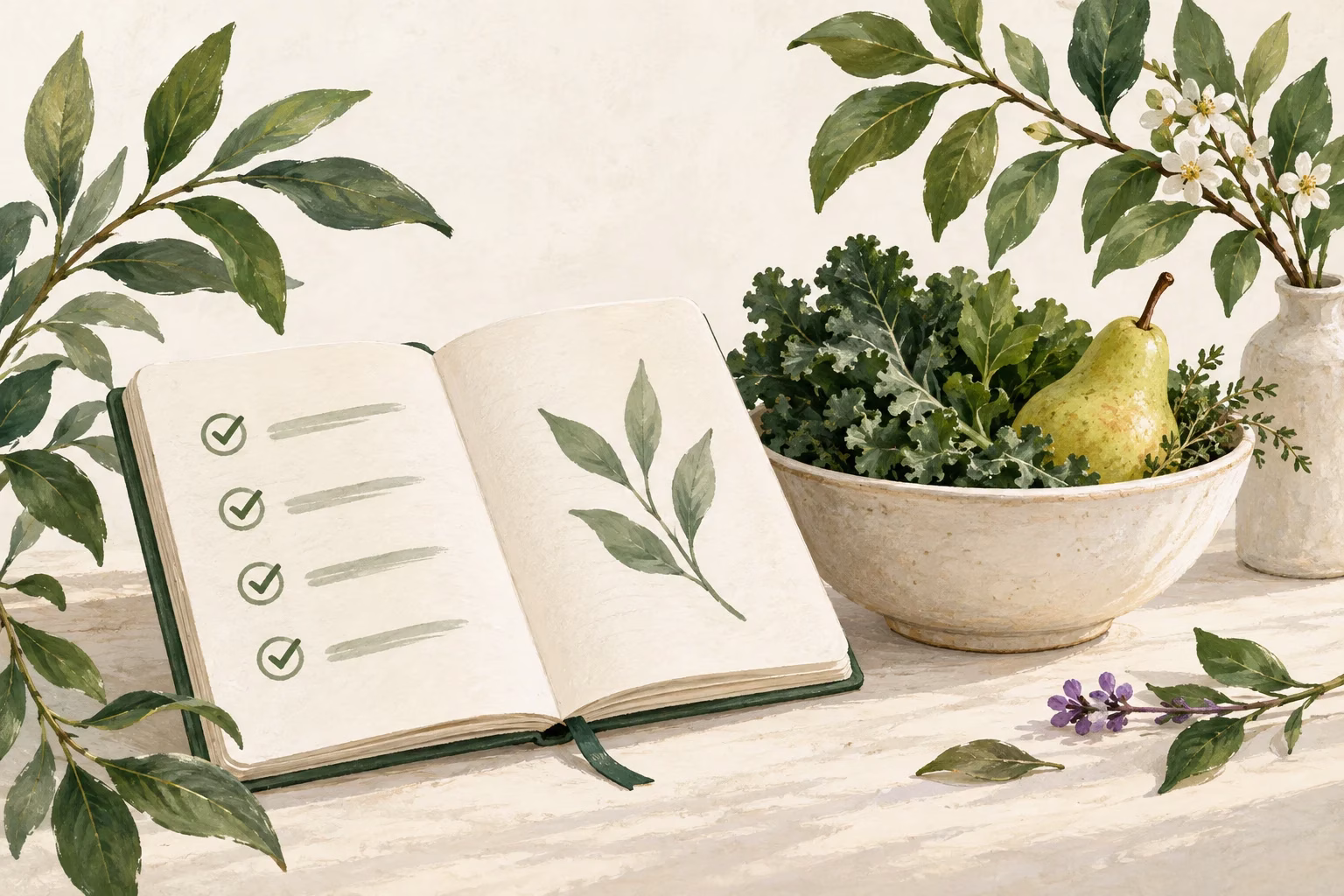 Illustration of a health planning notebook, leafy greens, and a pear